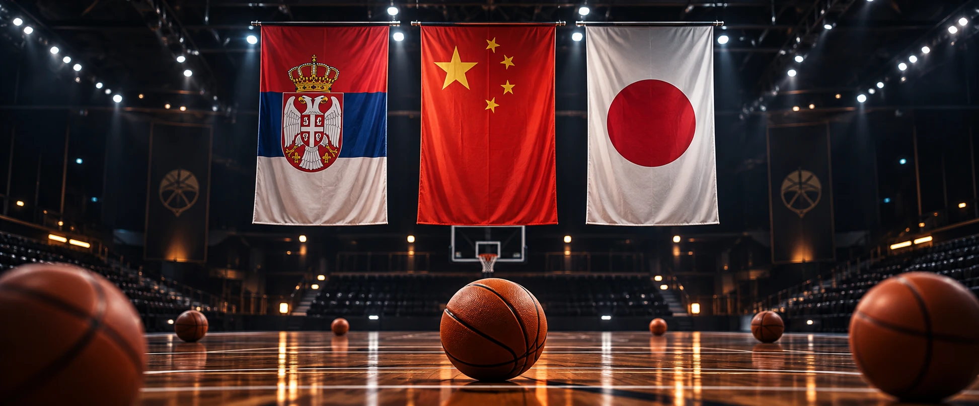 Serbia, China and Japan flags in a basketball arena