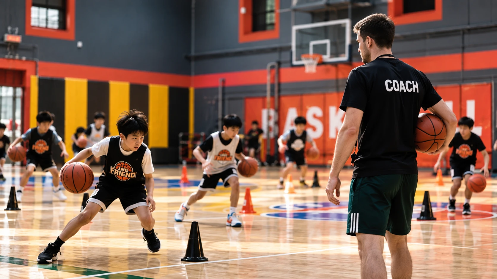 Coach and players in an intense basketball training drill