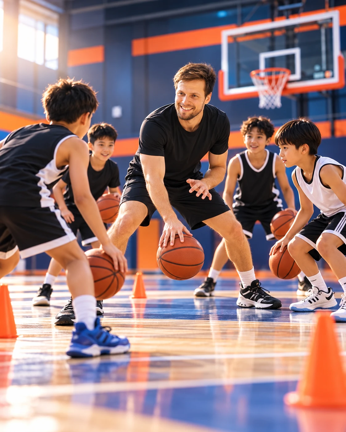 Young basketball players training with coach during a skill development session